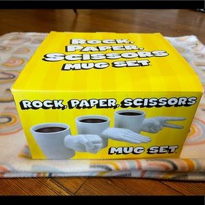 Brand new in box rock, paper, scissors mug set